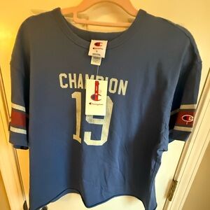 Champion Blue T-Shirt with Silver '19 Graphic and Red Sleeve Stripes. So soft‼️